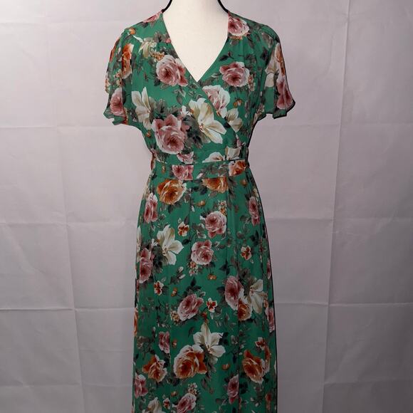 Signature Green Floral V neck maxi Dress women’s Size Large - Picture 1 of 10